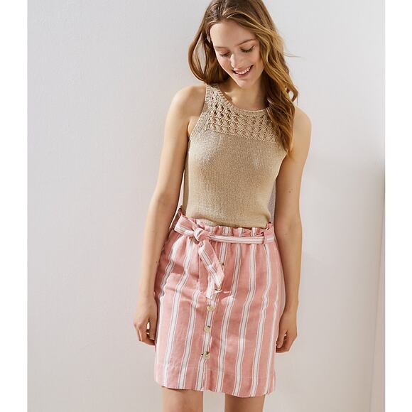 LOFT Mini Skirt Striped Linen Blend Tie Paper Bag Waist Button Front Women's L‎ - Picture 9 of 9